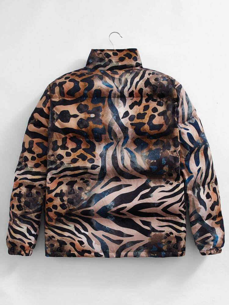 Loose Fit Men's Zebra Striped Print Zip Up Padded Coat, For Fall Winter