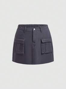 SHEIN EZwear Plus Flap Pocket Denim Skirt - Grey - View 1