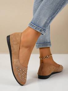 Women's Pointed Toe Rhinestone Decor Low Heel Slip On Flats Shoes - Brown - View 2