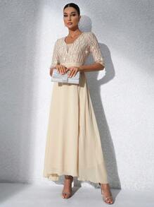 SHEIN Belle 撞色亮片开叉雪纺伴娘礼服优雅正式晚会舞会婚礼宾客礼服，适合毕业典礼、晚宴或节日派对服装 - 香檳色 - 查看 3