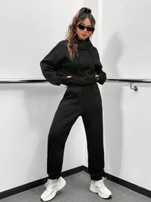 SHEIN EZwear Drop Shoulder Drawstring Hoodie & Sweatpants - Black - View 1