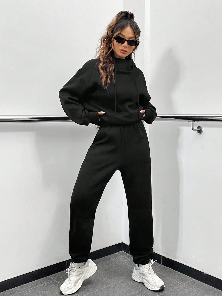 SHEIN EZwear Drop Shoulder Drawstring Hoodie & Sweatpants - Black - View 1