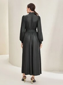 Mulvari Vestido de cuello alto de manga farol pecho con fruncido - Negro - Ver 4