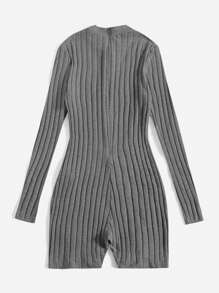 SHEIN EZwear Mock Neck Ribbed Knit Romper - Dark Grey - View 2