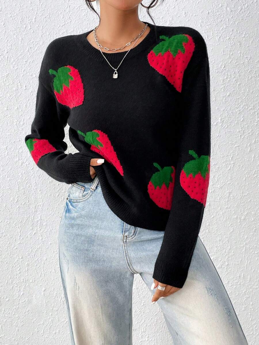 SHEIN Unity Áo len chui đầu dáng rộng vai rớt họa tiết dâu tây, thích hợp cho mùa thu đông. - Nhiều màu - Xem 1