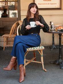 SHEIN Frenchy Lưới tương phản tay áo lá sen Cắt vỏ sò Nút Quay lại Áo sơ mi - màu đen - Xem 6