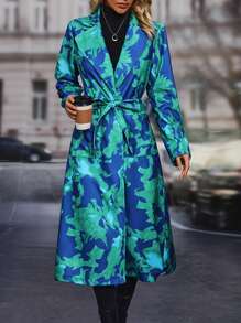 EMERY ROSE Floral Print Lapel Neck Belted Overcoat - Multicolor - View 1