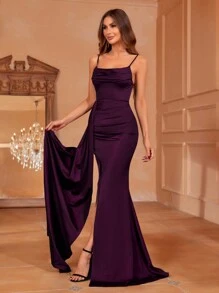 Faeriesty Solid Split Thigh Draped Side Cami Party Dress