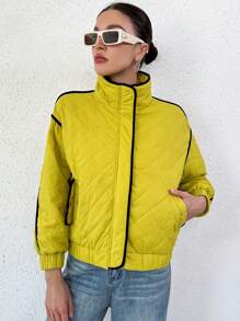 SHEIN Essnce Contrast Binding Drop Shoulder Quilted Coat - Olive Green - View 4