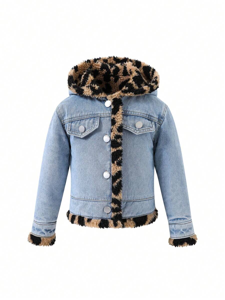 Young Girl Contrast Leopard Teddy Hooded Denim Jacket - Medium Wash - View 1