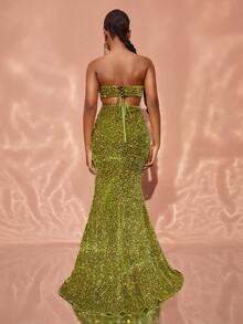 Split Thigh Sequin Formal Dress - Olive Green - View 2