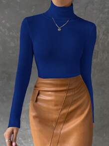 EURMUSE Jersey de cuello alto ajustado de unicolor casual, otoño/invierno - azul real - Ver 4