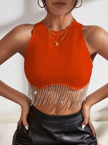 SHEIN BAE Pha lê Sọc Khóa kéo phía sau Áo ba lỗ - trái cam - Xem 3