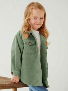 SHEIN 女小童翻蓋口袋燈芯絨大衣 - 綠色 - 查看 4