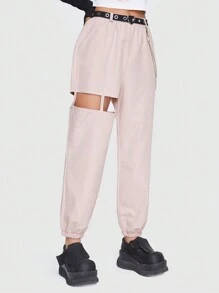 ROMWE Pantalones unicolor con abertura con cinturón - Rosa - Ver 5