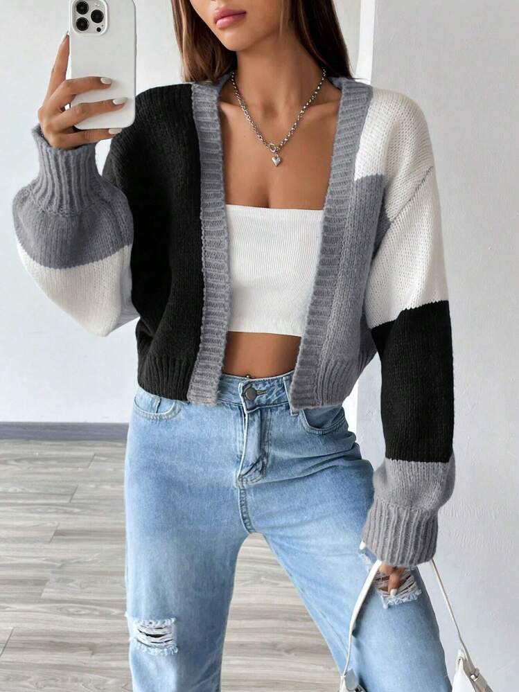 Flirla Colorblock Drop Shoulder Cardigan, Ladies Late Fall Casual Drop Shoulder Regular Fit Multicolor Colorblock Women Cardigans, Casual Daily Wear,Long Sleeve Tops - Multicolor - View 3