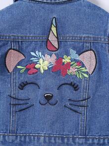 女嬰卡通圖案牛仔夾克 - 中等水洗藍 - 查看 3