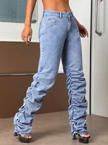 SHEIN ICON Solid Ruched Stacked Jeans