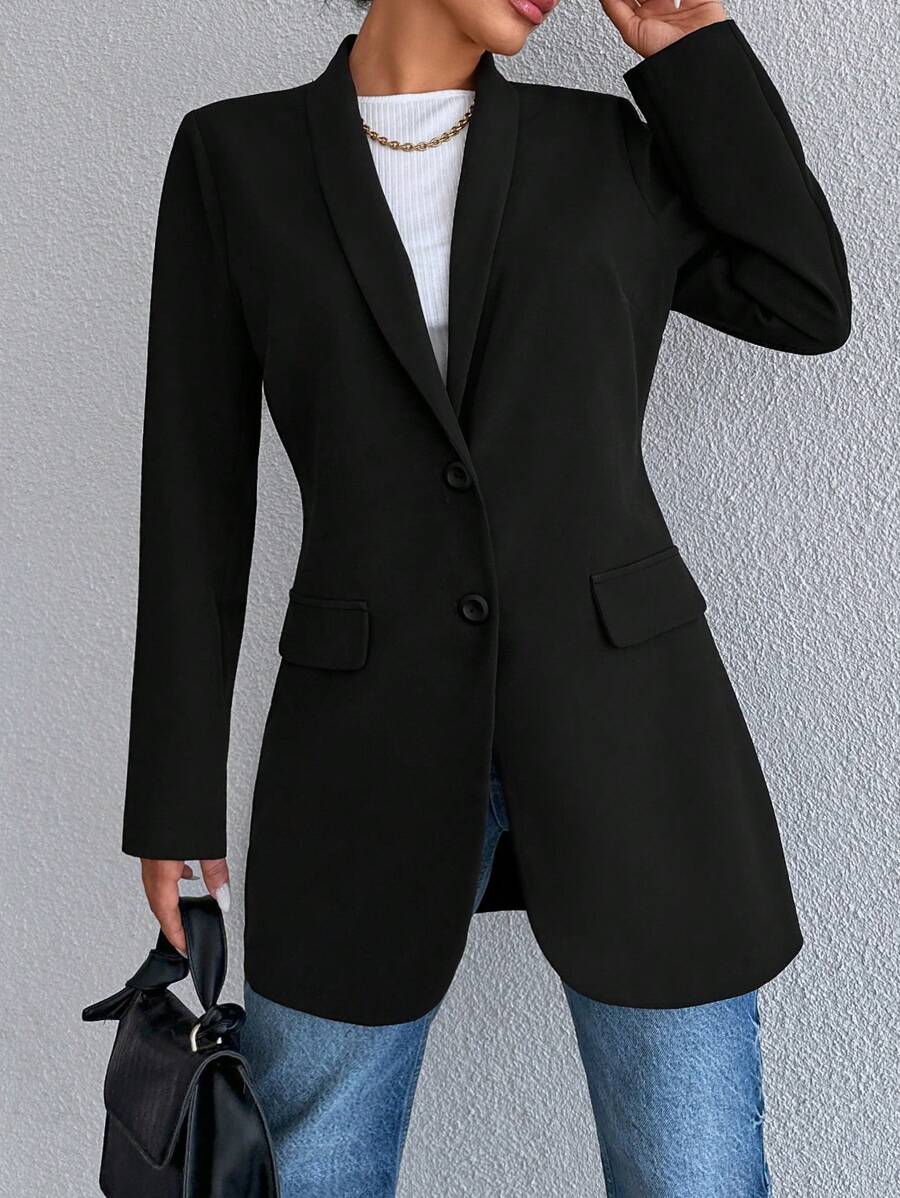 EURMUSE Solid Single Breasted Blazer & Jeans - Black - View 1