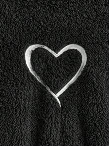 SHEIN LUNE Heart Embroidery Drop Shoulder Teddy Hoodie - Black - View 5