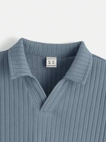 SHEIN Chàng trai trẻ Chất rắn Đồ đan Ribbed Áo polo - Màu xanh lam - Xem 4