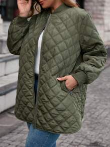 SHEIN LUNE Hơn Dây kéo Túi nghiêng Cổ Đứng Áo khoác Quilted - xanh quân đội - Xem 3