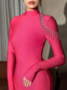 Zolique Cổ giả Rhinestone Chi tiết Váy bodycon - Màu Hồng Tươi - Xem 5
