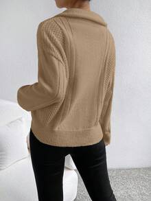 SHEIN Frenchy Cable Knit Quarter Zip Drop Shoulder Sweater - Khaki - View 2