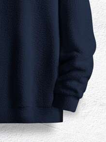 Manfinity Homme 男士字母貼片半拉鍊泰迪大號連帽衫 - 藏蓝色 - 查看 4