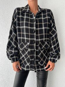 SHEIN Cottnline 格紋印花落肩袖夾克 - 黑色 - 查看 3