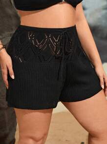 Swim Lushoire Summer Beach Plus Drawstring Waist Cover Up Shorts - Black - View 4