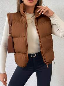 RueChic Zip Up Drawstring Puffer Vest Coat - Brown - View 1