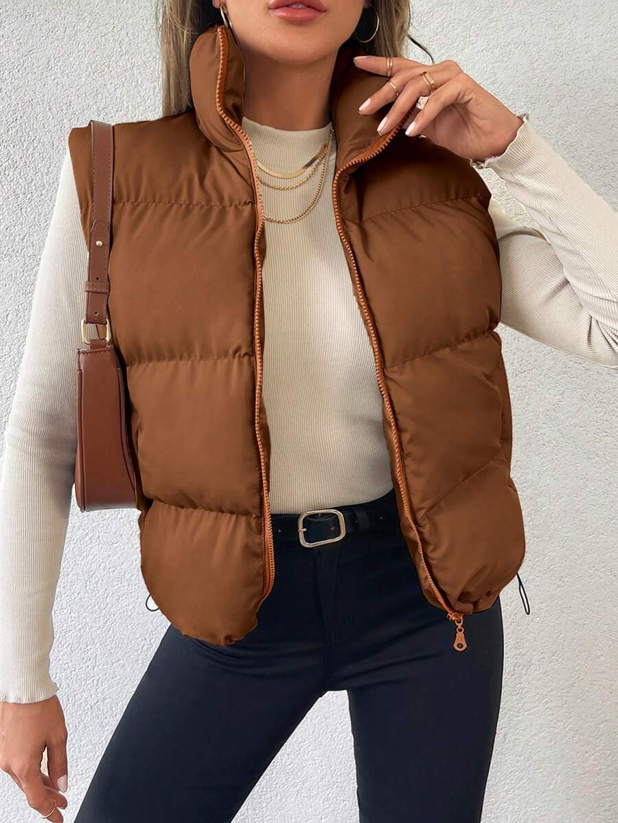 RueChic Zip Up Drawstring Puffer Vest Coat - Brown - View 1