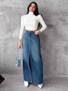 EURMUSE Split Thigh Denim Skirt - Medium Wash - View 3