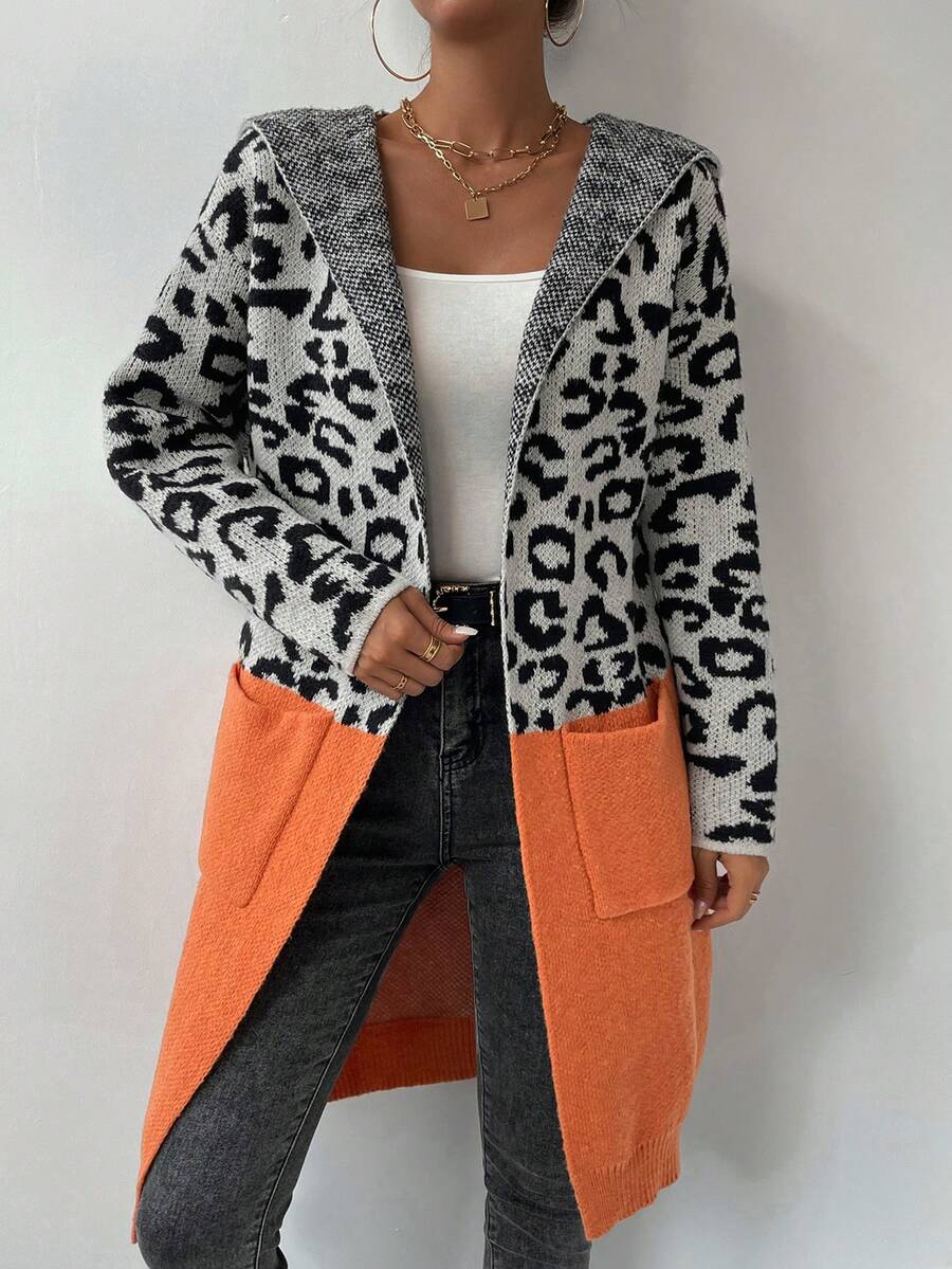 SHEIN LUNE 豹紋圖案雙口袋連帽開襟衫 - 彩色 - 查看 1