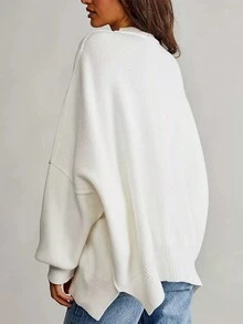 Solid Drop Shoulder Sweater,Long Sleeve Tops Casual White - White - View 2