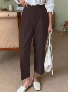DAZY High Waist Plicated Detail Straight Leg Pants Women Dress Pants Fall - Coffee Brown - View 3