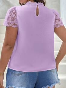 SHEIN Privé Plus Keyhole Neckline Contrast Lace Sleeve Blouse - Purple - View 3