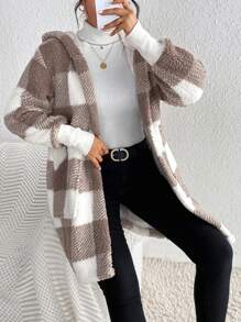 SHEIN Frenchy 大方格圖案連帽法蘭絨外套 - 彩色 - 查看 1