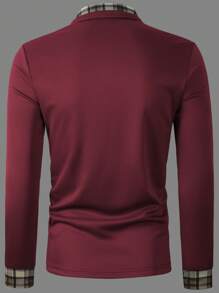 Manfinity Homme 男士撞色格纹印花 Polo 衫，秋季款，长袖上衣