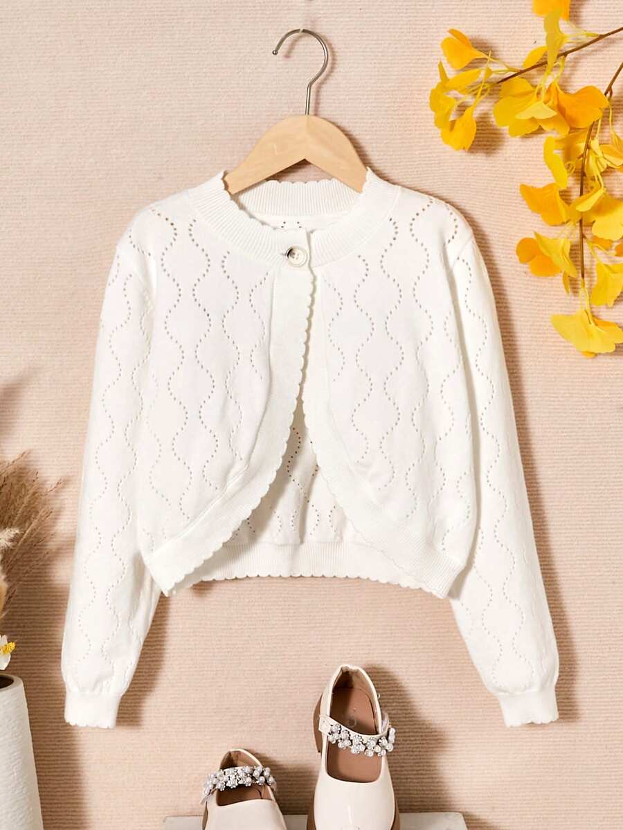 SHEIN Tween Girls' Long Sleeve Cardigan Sweater - White - View 1