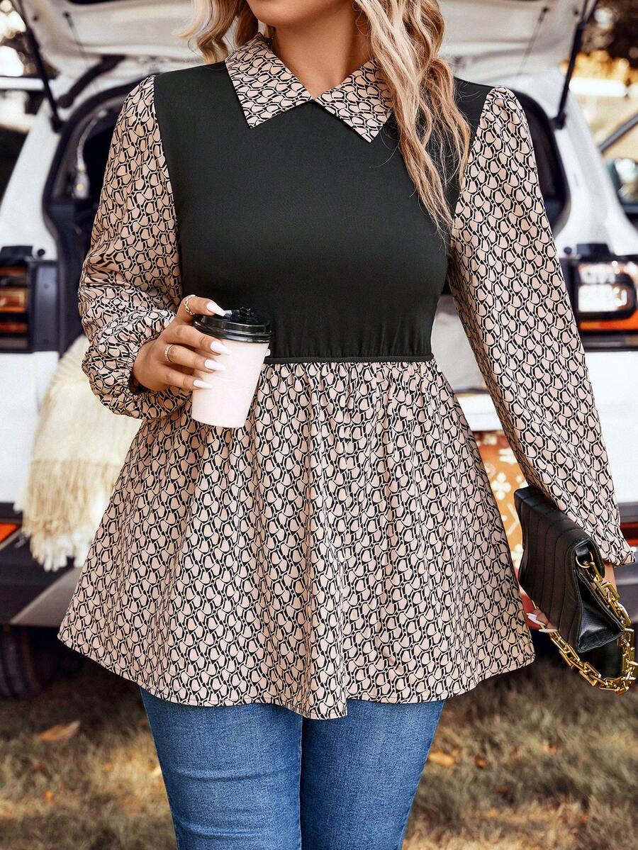 SHEIN LUNE Plus Allover Print Lantern Sleeve Peplum 2 In 1 Top - Multicolor - View 1