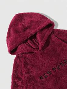 男士字母刺繡袋鼠口袋絨毛連帽家居服上裝 - 酒紅色 - 查看 3