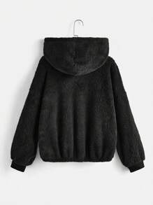 SHEIN LUNE Heart Embroidery Drop Shoulder Teddy Hoodie - Black - View 2