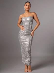 SHEIN BAE Women's Metallic Fabric Strapless Dress - Grey - View 6