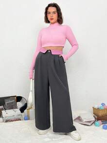 SHEIN EZwear 大碼拼接腰部折疊闊腿西裝褲 - 彩色 - 查看 3