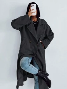 EURMUSE Lapel Neck Double Breasted Drop Shoulder Overcoat - Dark Grey - View 5