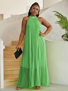 Astrid Plus Size Women's Loose Fit Solid Color Pleated Halter Neck Vacation Dress - Mint Green - View 3