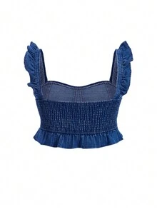 SHEIN Privé Talla grande Top en mezclilla cami crop ribete con fruncido bustier - Azul - Ver 2