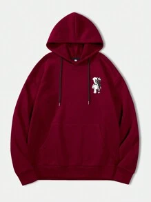 Manfinity 男士熊和標語圖案袋鼠口袋抽繩連帽衫 - 酒紅色 - 查看 2
